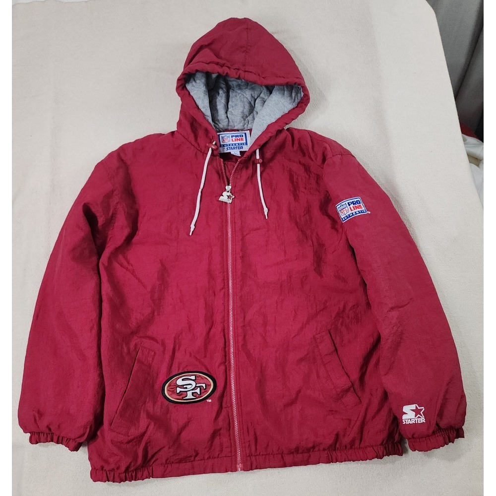 Vintage San Francisco 49ers Pro Line Starter Jacket Hooded NFL L Red Nylon Lined